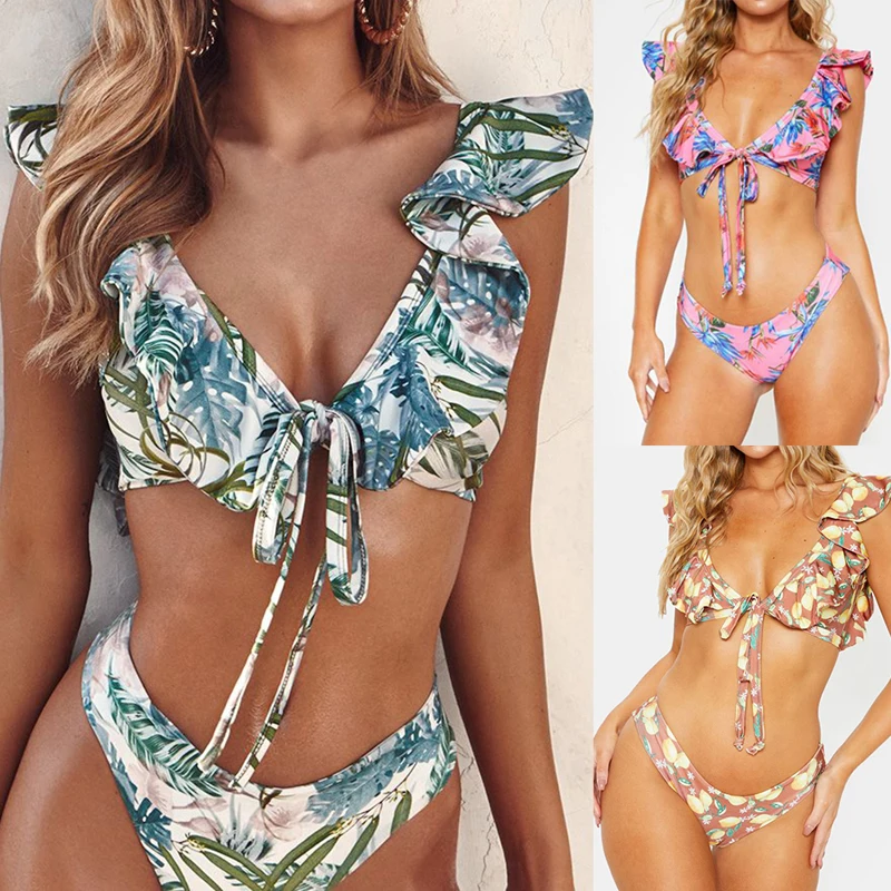 

2020 Sexy Bikini Set Swimwear Women Deep V-neck Biquini Boho Ruffle Bandage Floral Print Bathing Suit Push Up Swimsuit Beachwear