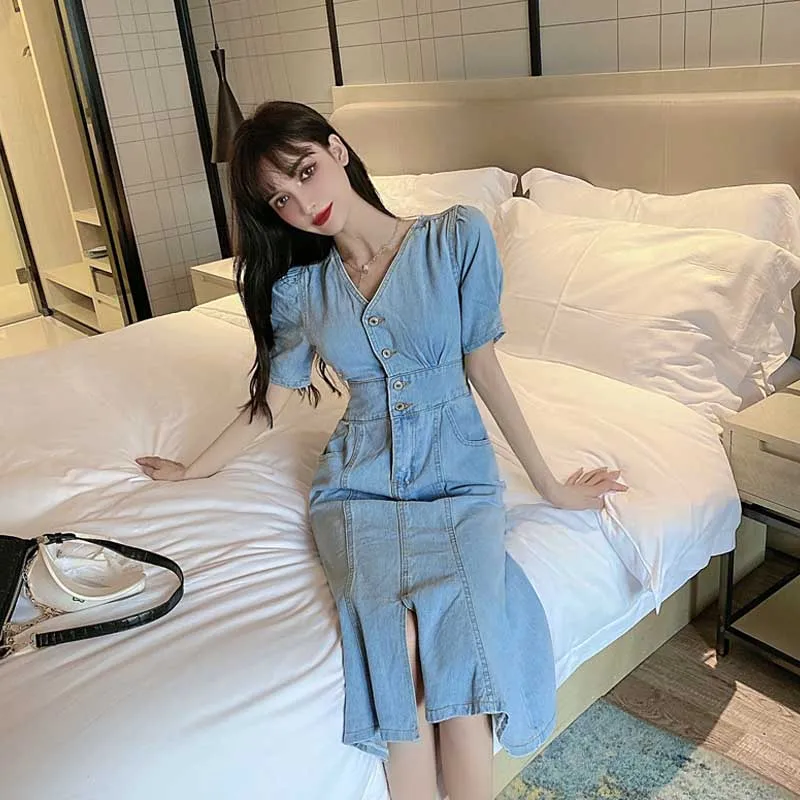 2020 For Female Summer Denim Dress One-Piece Vintage Elegant V-Neck Slim Puff Sleeve Dresses Women French Fashion Holiday Dress