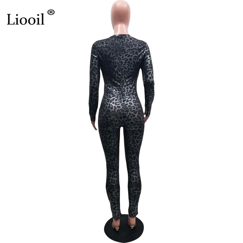 Liooil, сексуальный цельный наряд, Леопардовый принт, сетчатый Прозрачный женский комбинезон,, длинный рукав, круглый вырез, вечерние, клубный, комбинезон, Облегающий комбинезон