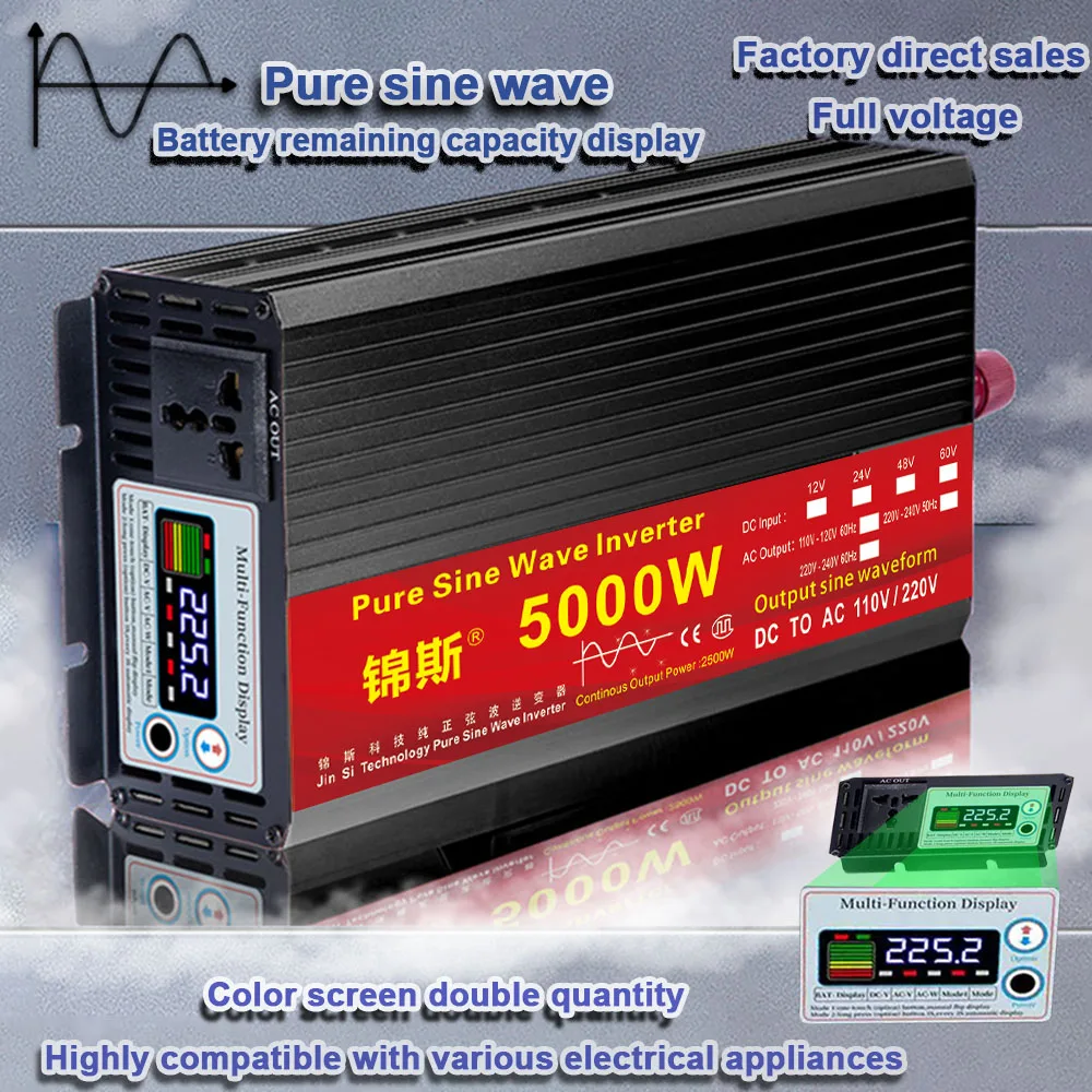 LCD Solar Power Inverter 24V DC To AC 110V 120V Pure Sine Wave 2500W 5000W Truck 