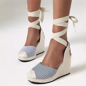 

AGODOR 2020 Shoes Woman Sandals Wedges High Heels Platform Lace up Summer Sandals Closed Toe Slingback Ladies Shoes Plus Size