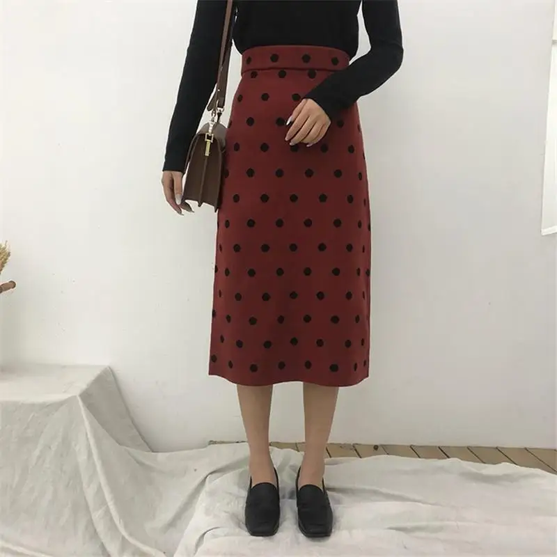 Women Skirts High Waist Knitting Women Bodycon Long Skirts Femme Polka Dots Print Women Sexy Pencil Skirt