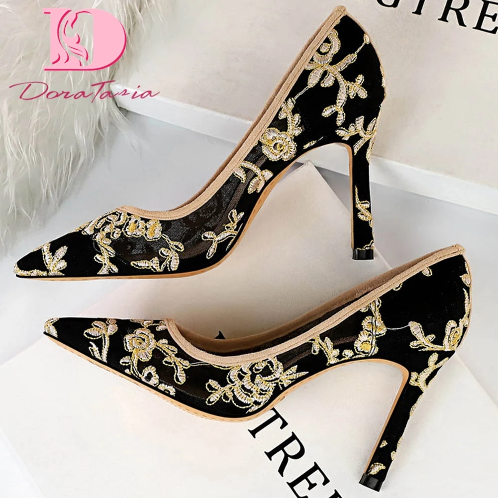 

Doratasia 2020 Dropship Air Mesh Embroidery Women Shoes Woman Summer Pointed Toe Thin High Heels Sexy Party Pumps Female
