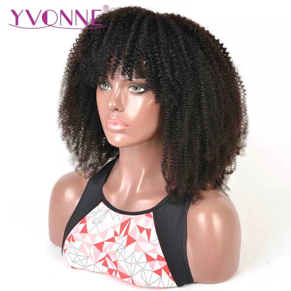 YVONNE250DensityKinkyCoilyHumanHairWigswithBangs4B4CCurly