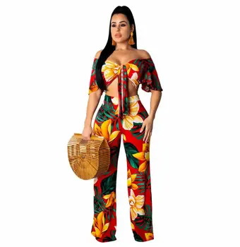 

2020 New Sexy Tie Up Neck Paisley Floral Print Top Wide Leg Pannts 2 Pieces Suits Green/Red Party Club Holiday Beach Women Set