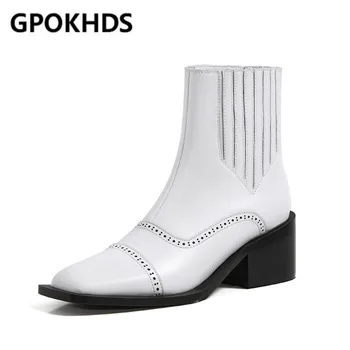 

GPOKHDS 2021 women ankle boots cow leather winter short plush square toe cutouts high heels female boots size 40