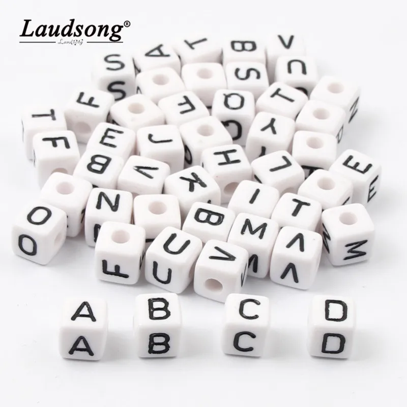 Plastic beads with letters - round D 6mm 40g white