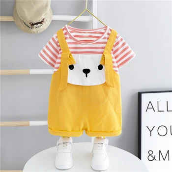 

2020 Summer Baby Girls Clothing Sets Toddler Infant Short Sleeve Stripe T Shirt Cartoon Bib Shorts Children Clothing