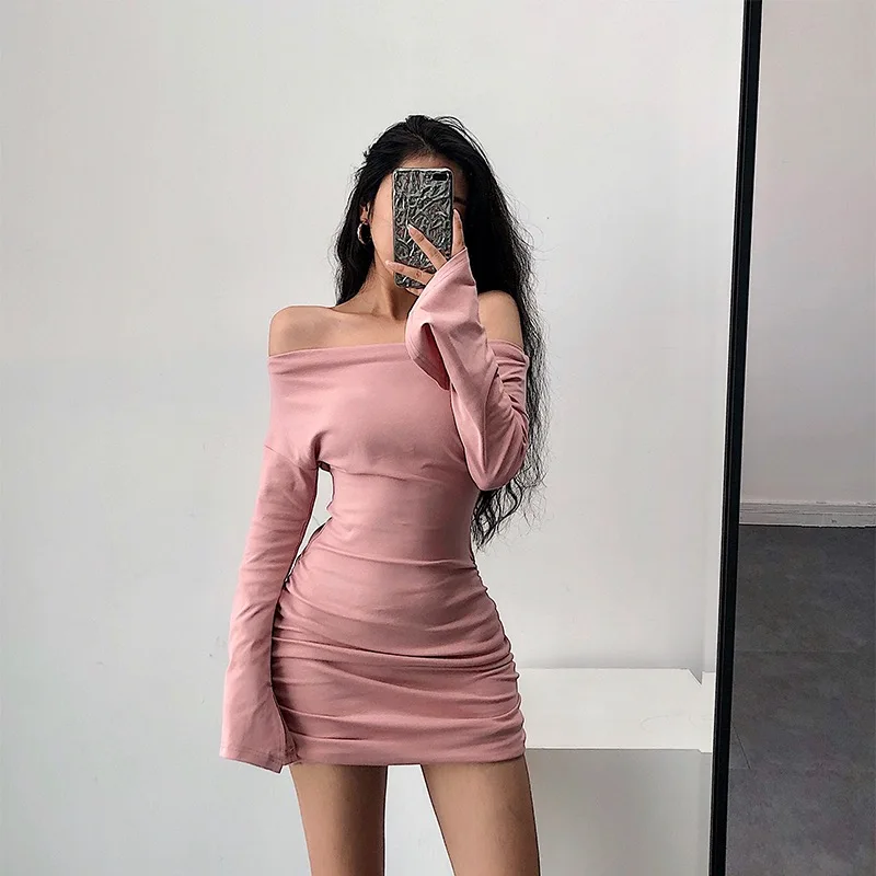 

Autumn and winter sexy one-word neck dress women's cuff slits slim-fit mini dress pleated long-sleeved hip tight-fitting dress