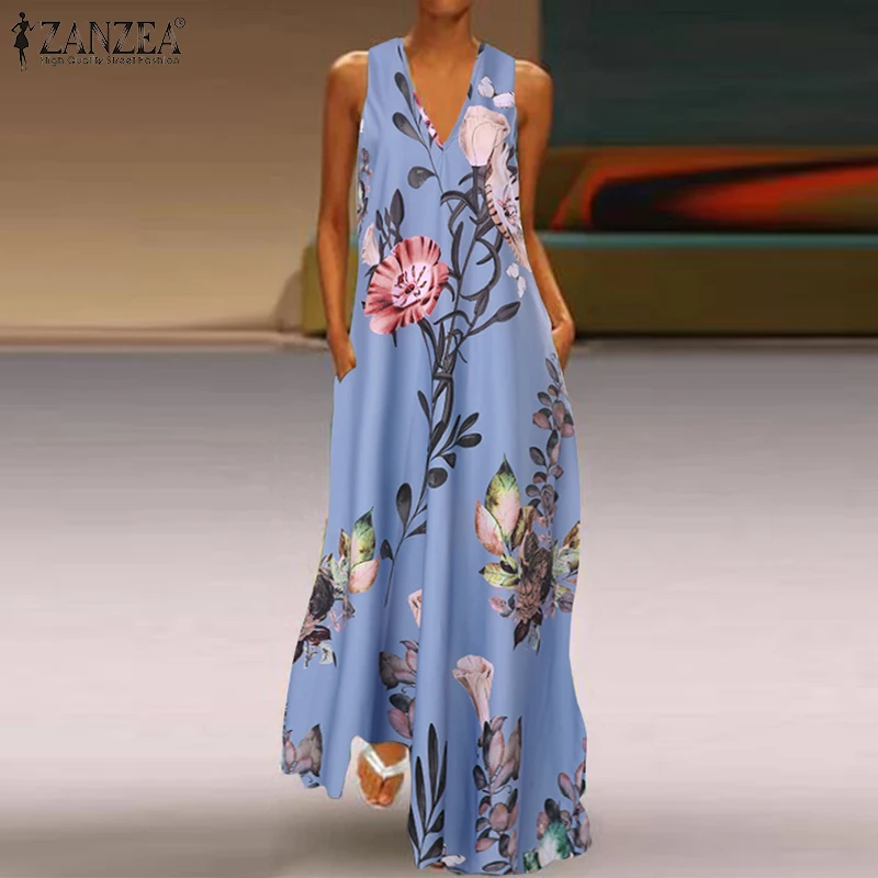 ZANZEA 2019 Fashion Summer Sundress Women Long Maxi Vestidos Floral Printed Bohemian Dress Ladies Casual Pockets Long Tunic Robe