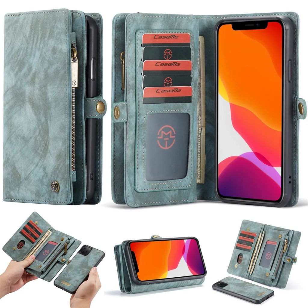 Чехол ME для iPhone 11 Pro Max 6,5 дюймов 2-в-1 11 слотов для карт чехол-кошелек на молнии, из натуральных материалов кожаный чехол в стиле ретро Чехол-бумажник сумка