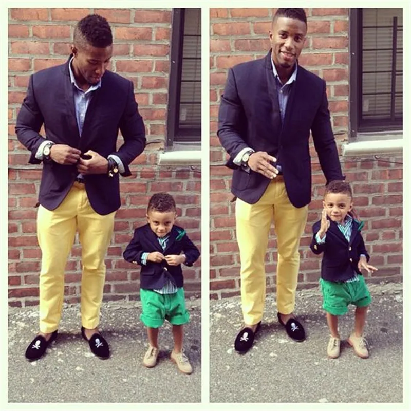 

Custom Men's Suits Casual Style Father And Son Matching Suits Navy Blazer Yellow Green Pants Wedding Prom Party Tuxedos