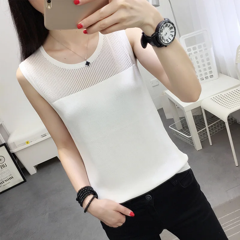 

Viscose Vest Women's New Style Versatile Sleeveless T-shirt Base Dungaree Shirt Hollow out Loose-Fit Sweater Short Tops Thin