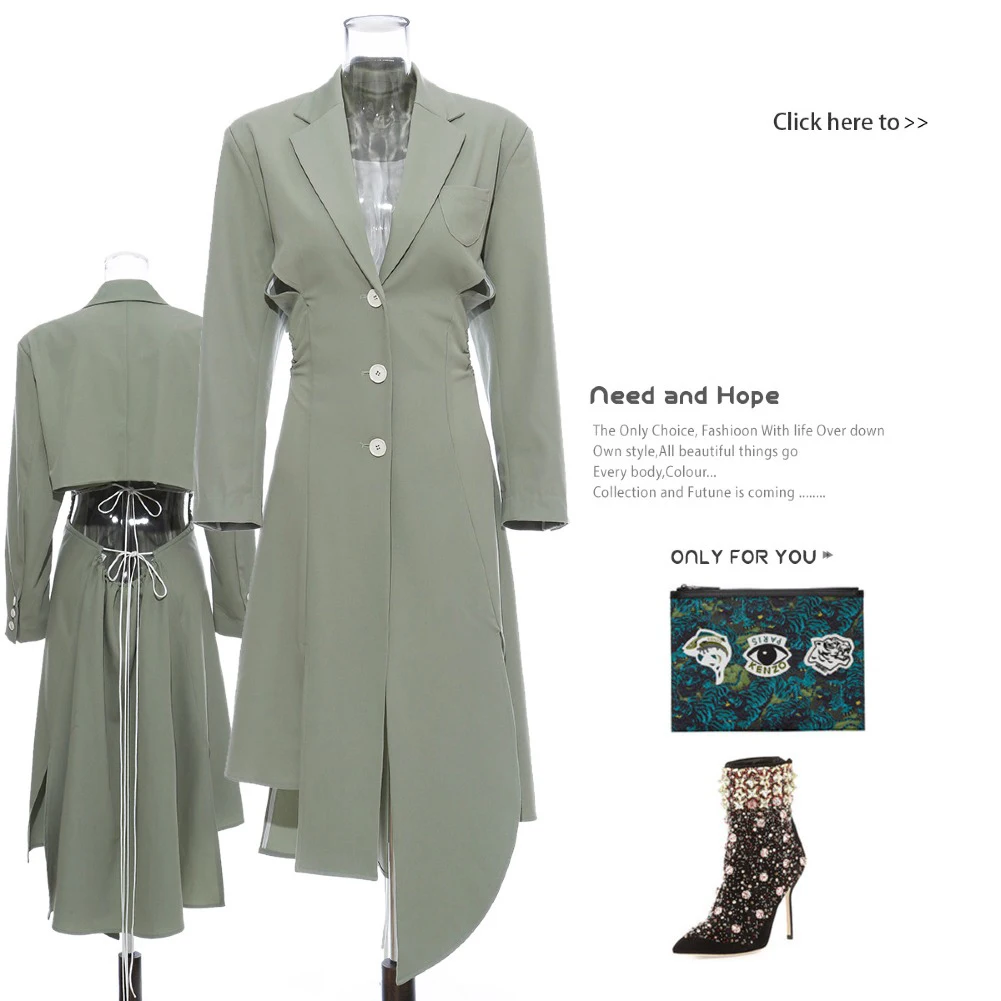 

2020 autumn and winter olive medium green suit splicing collar high street waist open back hem irregular cut dress windbreaker