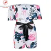 Women Playsuits for Streetwear Patchwork Design Belt Decor One Neck Off Shoulder Short Sleeve Print Summer Slim Jumpsuits 4