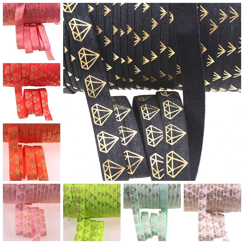 100yards 5/8&quot Gold foil diamond FOE Ribbon jewel diamonds Fold Over Elastic welcome custom design | Дом и сад