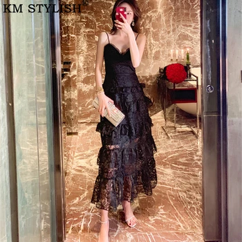

Women's Black Lace Maxi Dress Sexy V-neck Spaghetti Strap Summer Resort Beach Long Dress Fashion Four Layers Midi Dress