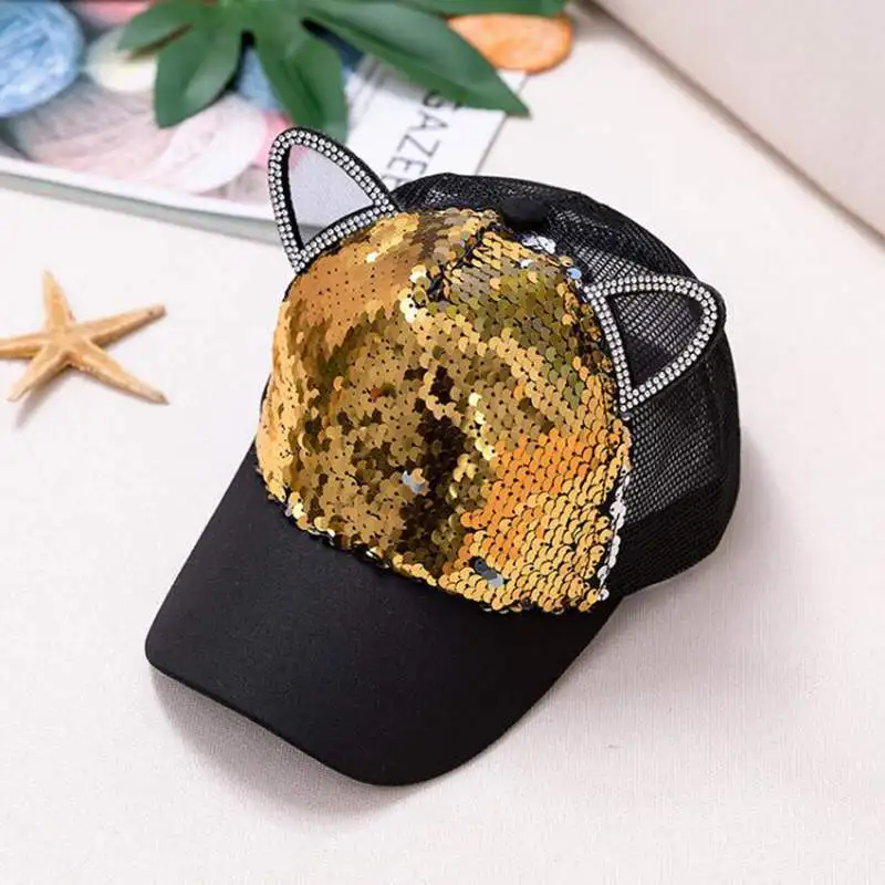 gold Милая Летняя Детская кепка с блестками и ушками; детская бейсбольная кепка с героями мультфильмов; сетчатая солнцезащитная Кепка для маленьких девочек - Цвет: gold
