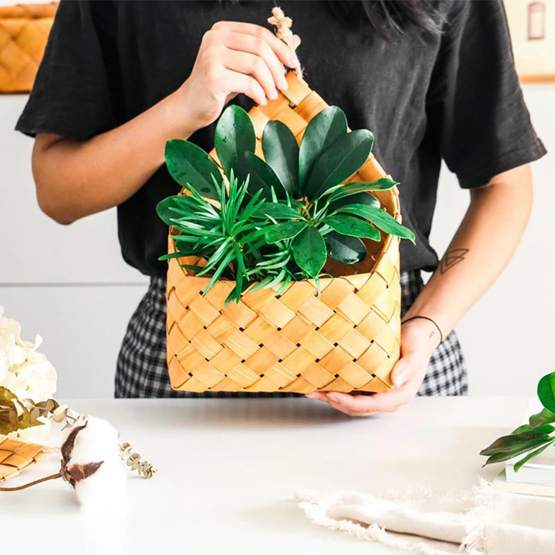 Hanging Wicker Basket Hand-Woven Wood Storage Basket Portable Wall Hanging Flower Fruit Basket Organizer Rattan Box Home Decor 6