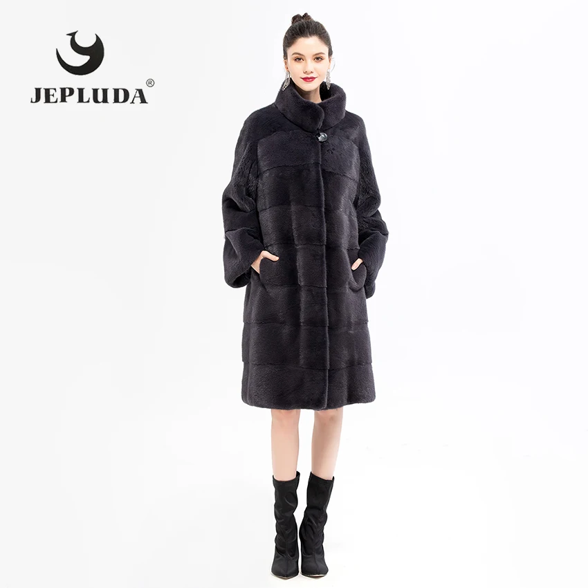 JEPLUDA Стильная Импортный Скандинавская Норка Шуба Натуральный Мех Стойка с Целая