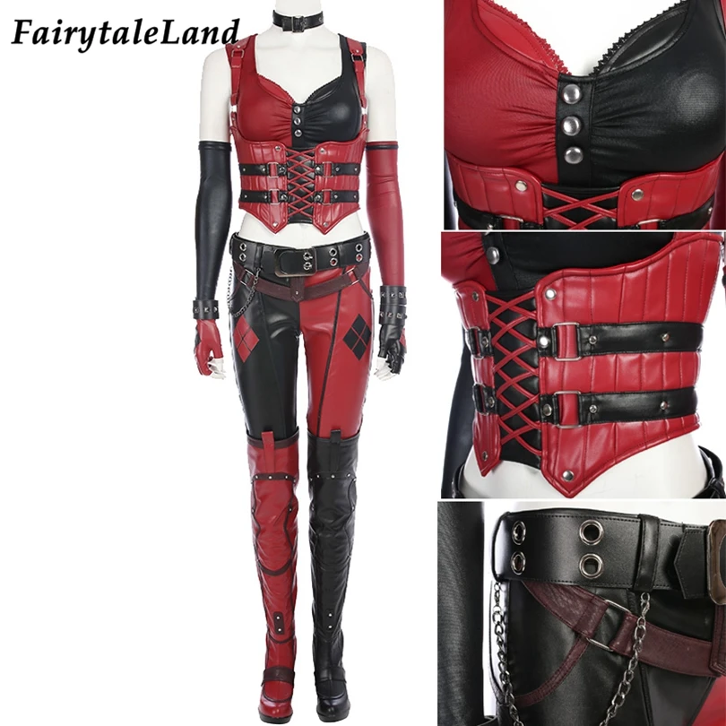 

Carnival Halloween Women Cosplay Bat Joker Outfit Quinzel Costume Sexy Clown Clothing Custom Made Faux Leather Punk Suit