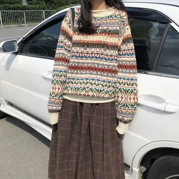 

2019 korean style loose vintage national long sleeve knitted warm sweaters mens and womens sweaters and pullovers (X1198)