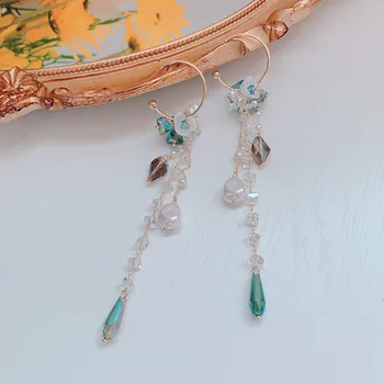 

MWSONYA New Korean Holiday Crystal Earrings Super Fairy Baroque Shell Pearl Flower Drop Earrings Long Tassel Women Party Jewelry