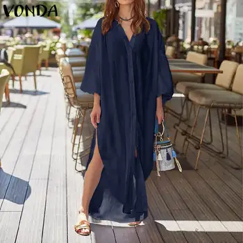

VONDA Womens Summer Sundress Fashion Casual Long Shirt Maxi Dress Split Sexy Dresses Evening Party Vestidos Plus Size Robe Femme