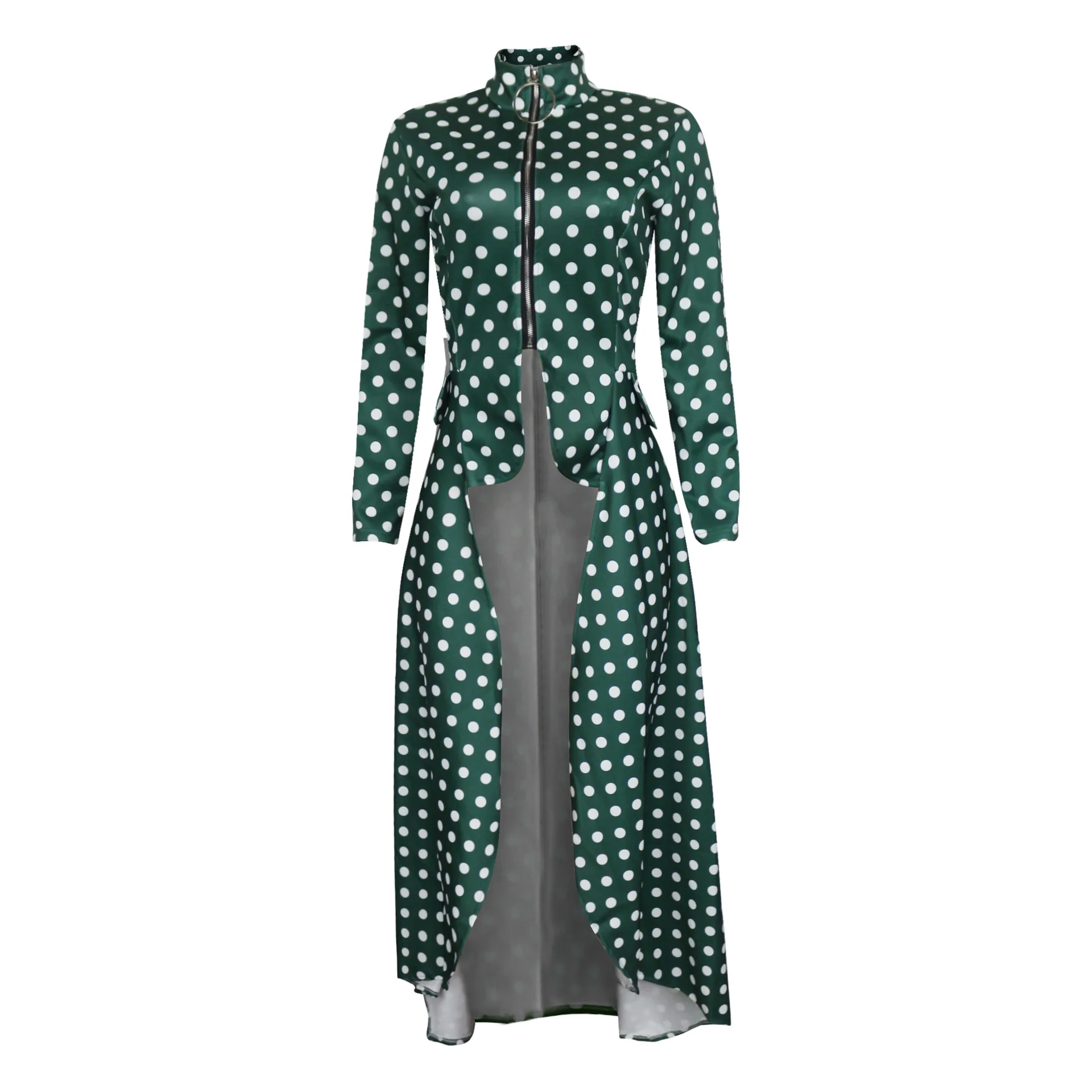 Spring And Summer New Style Hot Selling Long Sleeve High Collar Slim Fit Zipper Long Skirts Fake Pocket Irregular Dress