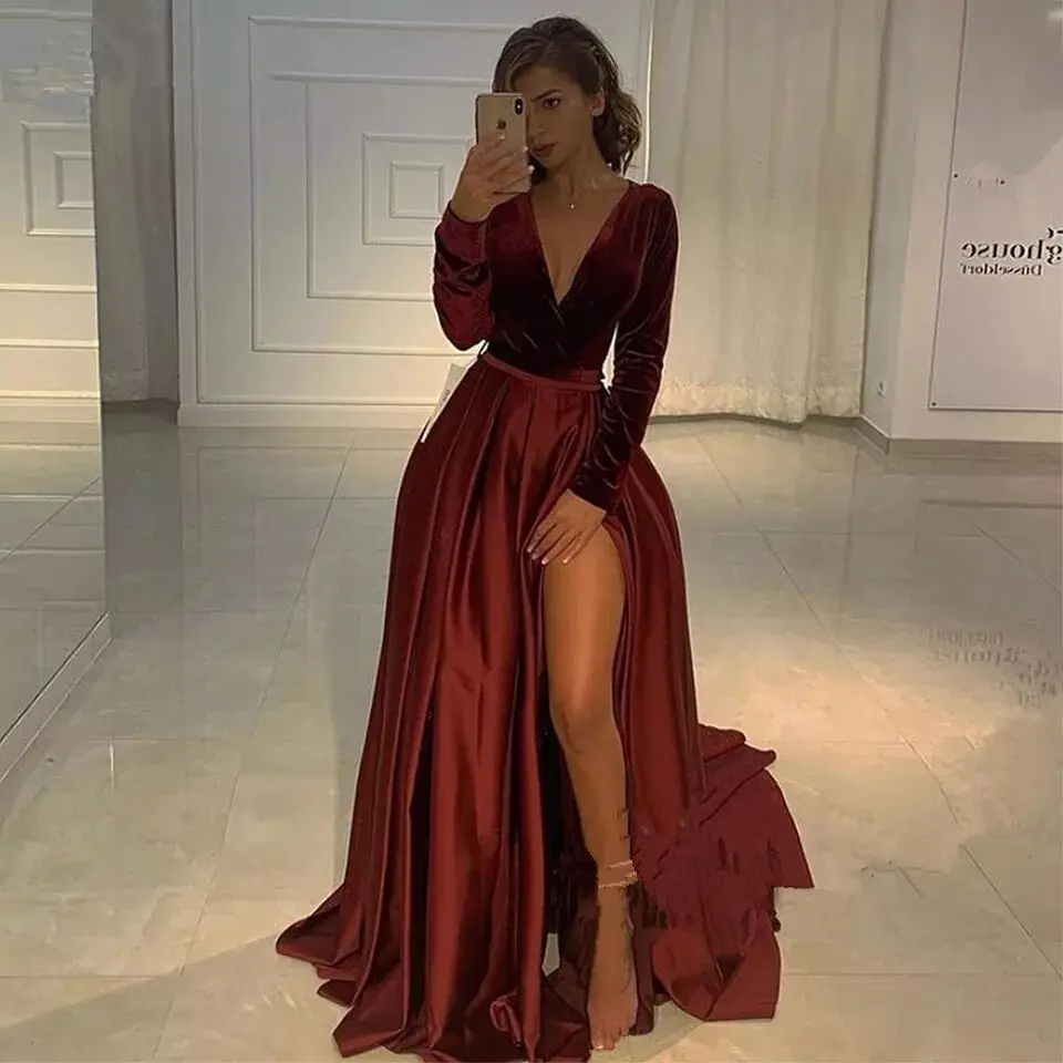 

Smileven Burgundy Velvet Formal Evening Dress Long Sleeve V Neck Saudi Arabia Prom Dresses Side Split Dubai Celebrity Dresses