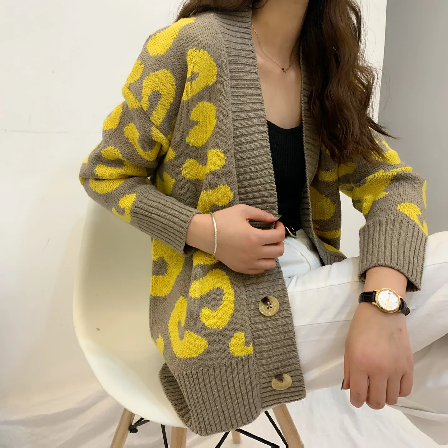 

Spring Autumn Sweater Women Loose Fashion Button Female Knit Cardigan Thicken Leopard Knitted Casual Cardigans Feminine Coat