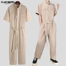 Модные мужские комбинезоны карго, брюки для бега, уличная одежда, мешковковатые комбинезоны, короткий рукав, однотонный ремень, повседневные мужские комбинезоны, S-5XL INCERUN