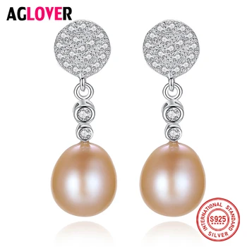 

AGLOVER Hot Sale Genuine 925 Silver Zircon Earrings Natural Freshwater Pearl 9MM Earrings Pearl Jewelry Women Christmas Gift