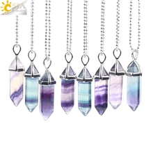 Collane di Cristallo di Fluorite CSJA Pendenti Con Gemme E Perle Sospensione Naturale Gioiello di Pietra Del Quarzo Pallottola Esagonale Pendulum Reiki Chakra pendulo E546
