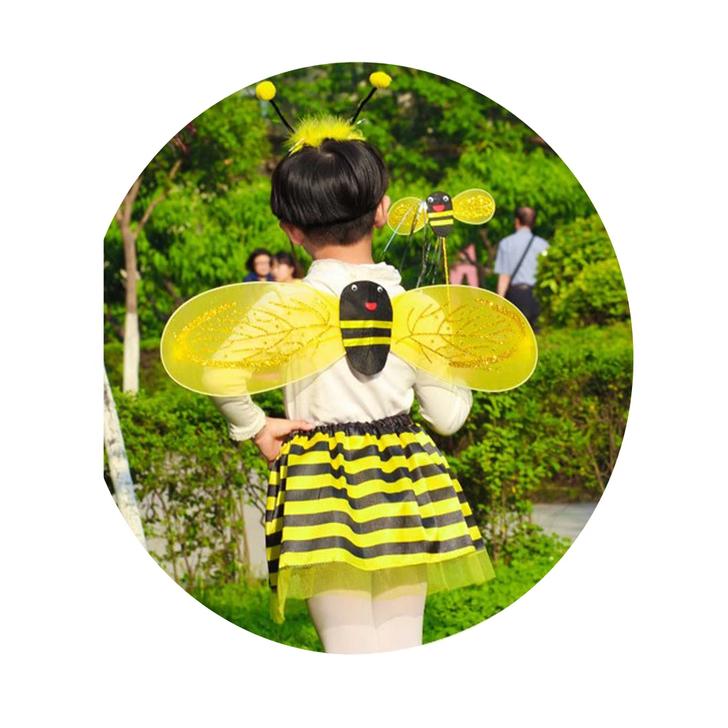 Bumble Bee Costume for Girls Kids, 4 Pieces Honeybee Fancy Dress Outfit - Fairy Wing, Headband, Wand, Tutu Skirt