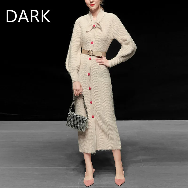 

[DARK] Autumn and winter women's 2020 new long-sleeved slim-fit sweater bottoming shirt mid-length cardigan sweater dress