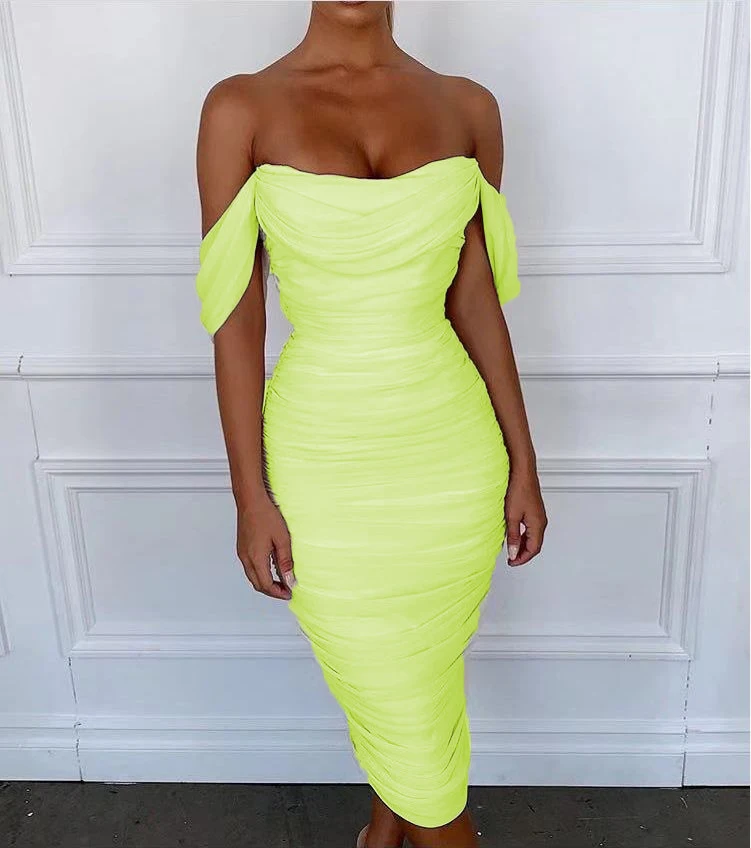 

High Quality Celebrity Green Orange Mesh Slash Neck Rayon Bandage Dress Evening Party Dress