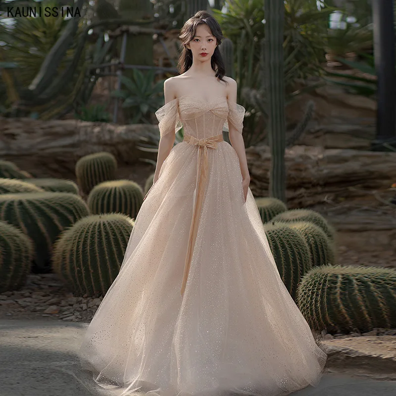 

KAUNISSINA Long Evening Dresses Elegant Party Gowns A-Line Sweep Train Off the Shoulder Prom Vetidos Sweetheart Formal Dress