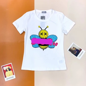 

Women's new cotton round collar with diamond-encrusted animal bee short-sleeved T-shirt