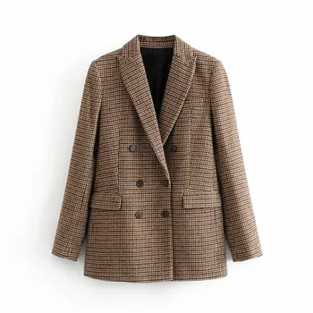 

Vintage Casual Plaid Blazer Women Fashion Double Breasted Office Ladies Jacket Coat Notched Collar Long Sleeve Suits