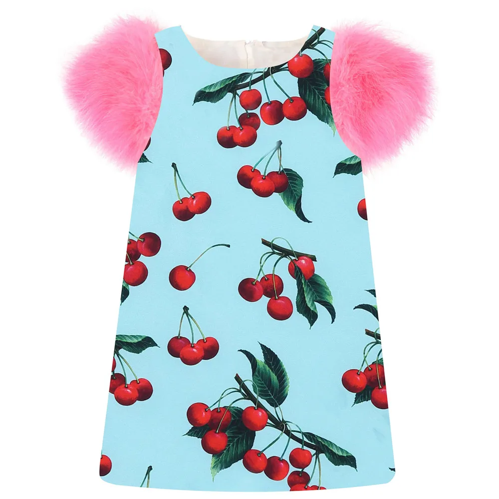 Платье для девочек с принтом больших брендов; коллекция года; модные вечерние платья на день рождения; сезон зима-осень; одежда для маленьких детей с рукавами из искусственного меха