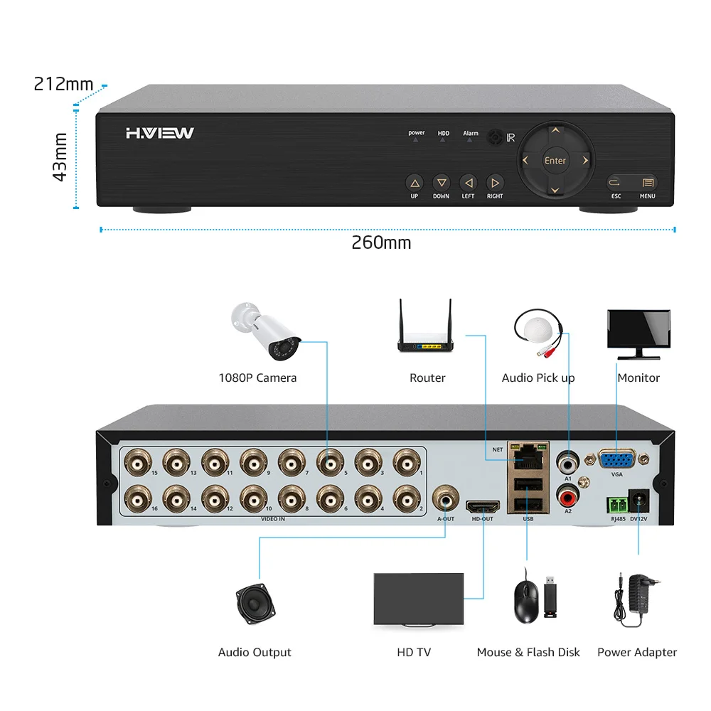 H. View 16CH система видеонаблюдения 16 720P уличная камера безопасности 16CH CCTV DVR комплект видеонаблюдения iPhone Android Удаленный просмотр