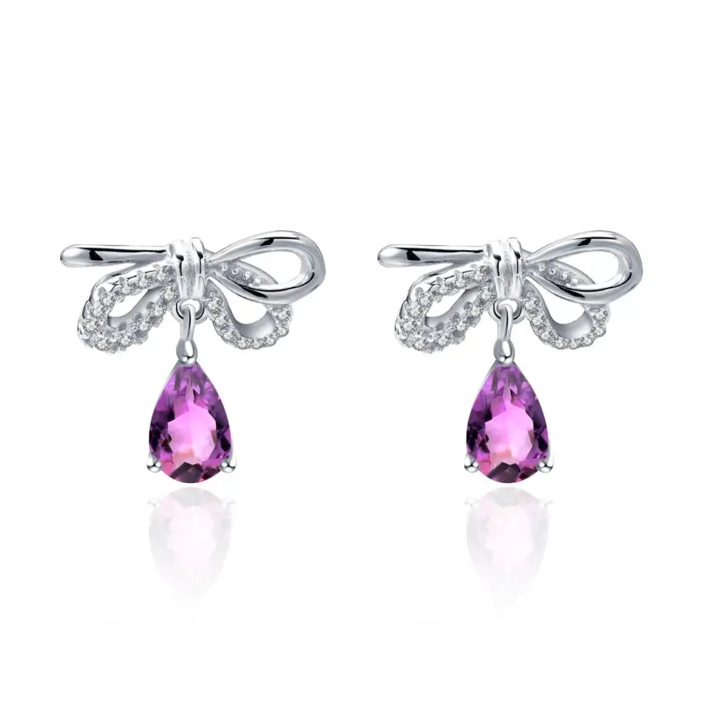 

GEM'S BALLET Handmade 925 Sterling Silver Bow Earrings 0.78Ct Natural Amethyst Gemstone Stud Earrings For Women Wedding Jewelry