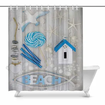

Nautical Beach Art with Seashells Pearls Rock Candy and Sea Gull Home Decor Waterproof Polyester Bathroom Shower Curtain Bath