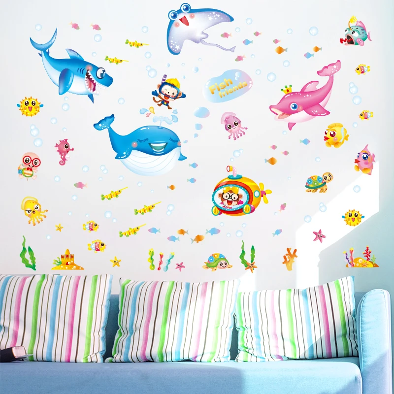 

[shijuekongjian] Underwater World Marine Fish Wall Stickers Cartoon DIY Wall Decals for Kids Rooms Baby Bedroom Decoration