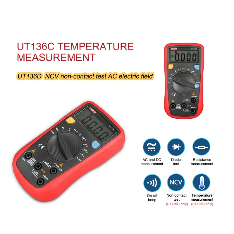 

UNI-T UT136A Mini Handheld Digital Multimeter Auto Range AC/DC Voltage Current Resistance Capacitance Frequency Tester