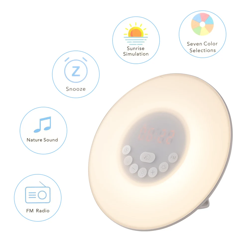 Alarm Clock Sunrise/Sunset Simulation Luminous Digital Clock with FM Radio 7 Colors Light Lamp Touch Control Snooze Table Clocks