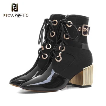 

Prova Perfetto 2020Autumn Winter New Electroplated Gold Heel Thick High-heeled Martin Boots Square Toe Pointed Toe Lace-up Boots