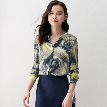 

High Quality 100% Heavy Silk Blouse Women Casual Style Floral Printed Shirt Turn Neck Long Sleeve Tops Elegant New Fashion
