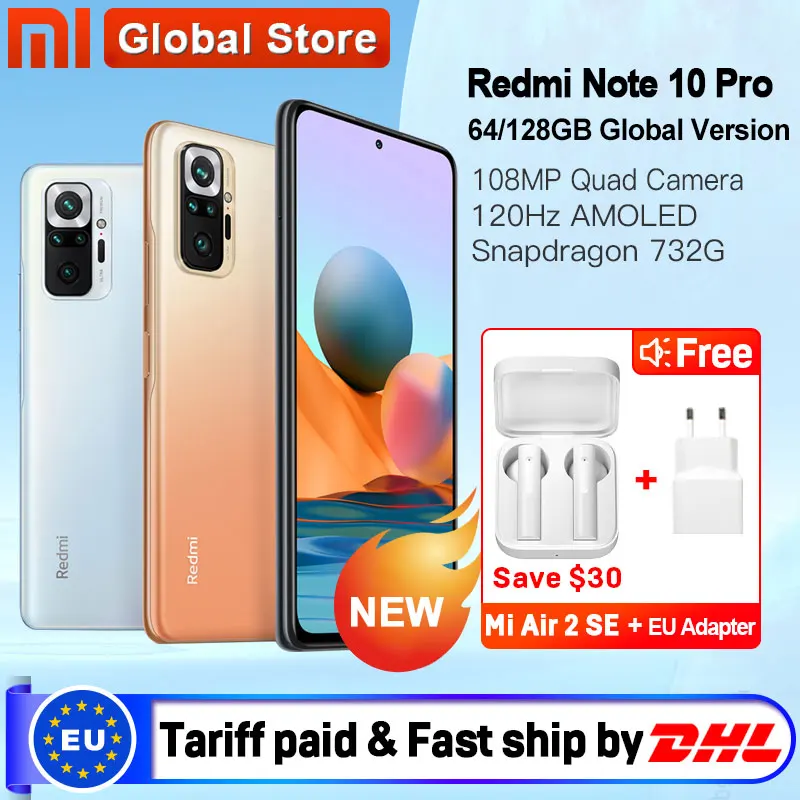 Global Version Xiaomi Redmi Note 10 Pro 64GB/ 128GB Smartphone 108MP Camera Snapdragon 732G 120Hz AMOLED Display|Cellphones| - AliExpress